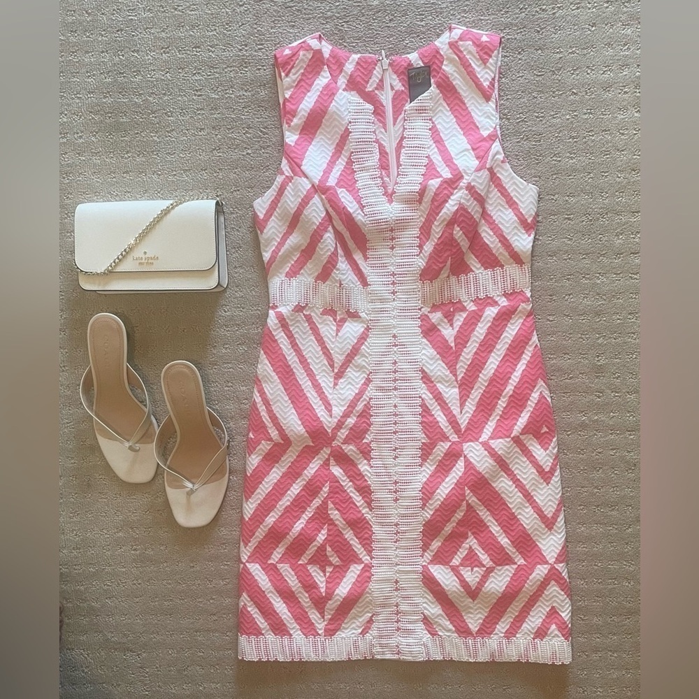 Taylor Sundress, Short 100% Cotton, Sheath,  Zigzag‎ print w/ embroidered trim - Picture 2 of 14